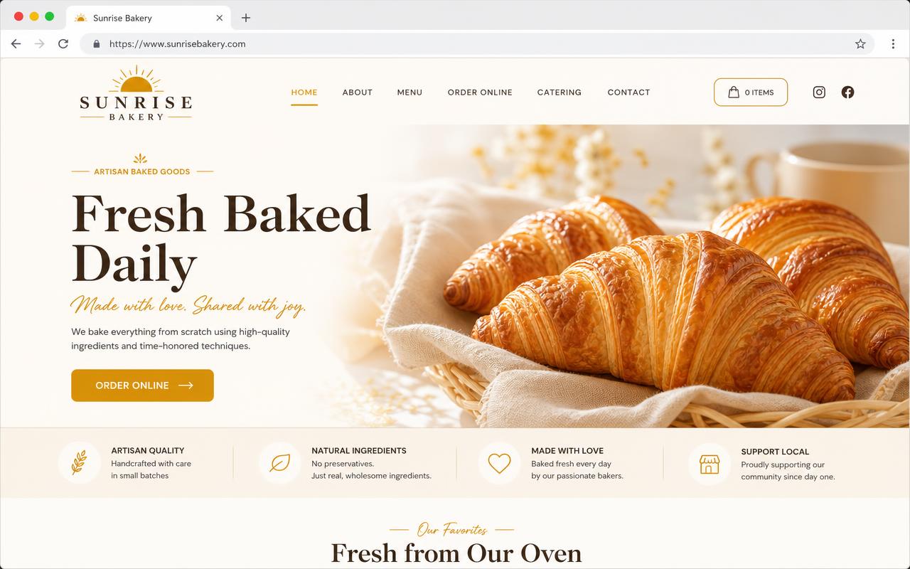 Sunrise Bakery website design mockup with warm golden colors and fresh croissants