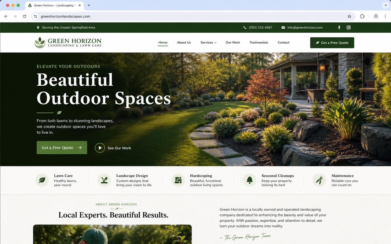 Green Horizon Landscaping website design mockup with green outdoor imagery